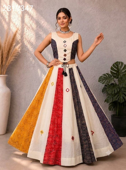 Women’s Stitched Ajrakh Cotton Lehenga Choli Set with Mirror & Hand Embroidery Work 6.5–7 Meter Flair Slub Khadi with Micro Inner Waist Up to 44 Inches