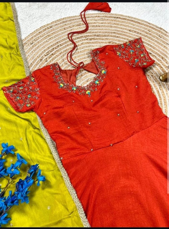 Glamorous Orange Silk Anarkali Gown With Maggam Work