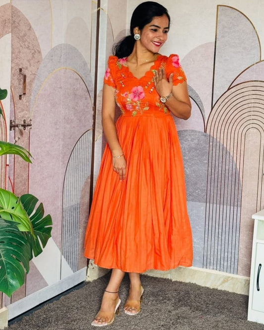 Orange Beautiful Pure Mul Chanderi Frock with Handwork