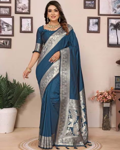 Teal Blue Banarasi Silk Saree With Exclusive Work