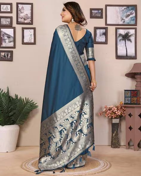 Teal Blue Banarasi Silk Saree With Exclusive Work