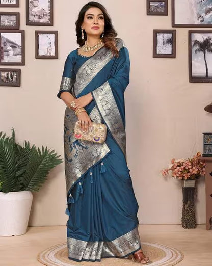 Teal Blue Banarasi Silk Saree With Exclusive Work