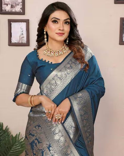 Teal Blue Banarasi Silk Saree With Exclusive Work