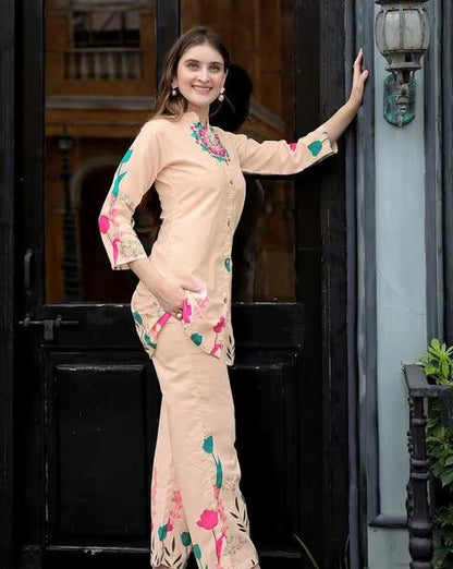Cream Rayon Co-Ord Set  With Floral Print