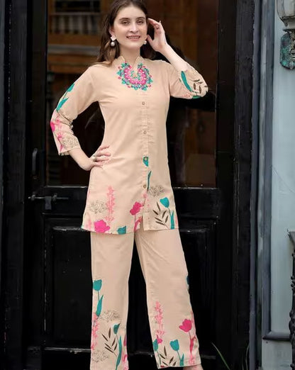 Cream Rayon Co-Ord Set  With Floral Print