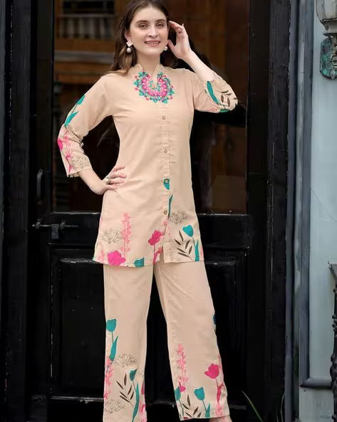 Cream Rayon Co-Ord Set  With Floral Print