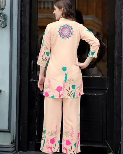 Cream Rayon Co-Ord Set  With Floral Print