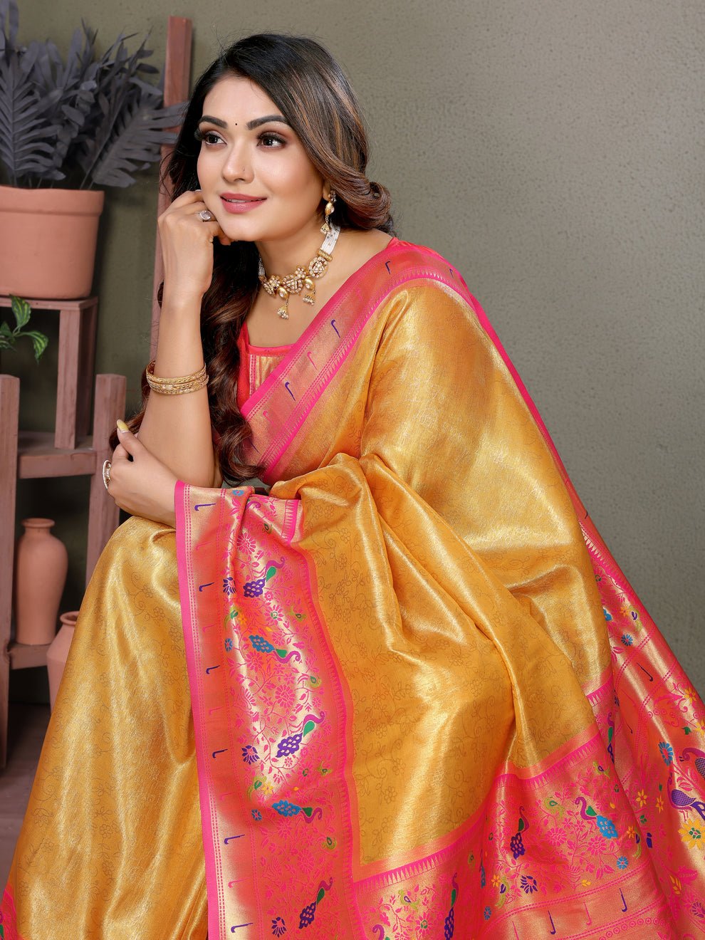 Yellow Banarasi Tissue Silk Saree With Weaving Butties.