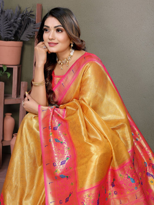 Yellow Banarasi Tissue Silk Saree With Weaving Butties.