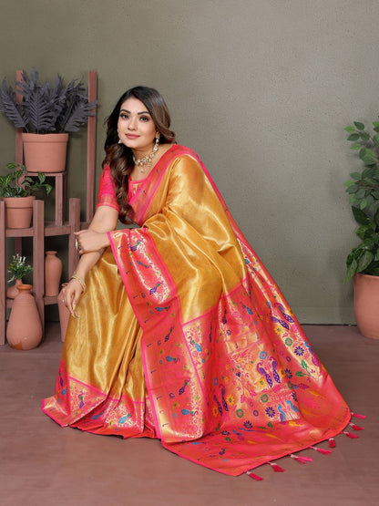 Yellow Banarasi Tissue Silk Saree With Weaving Butties.