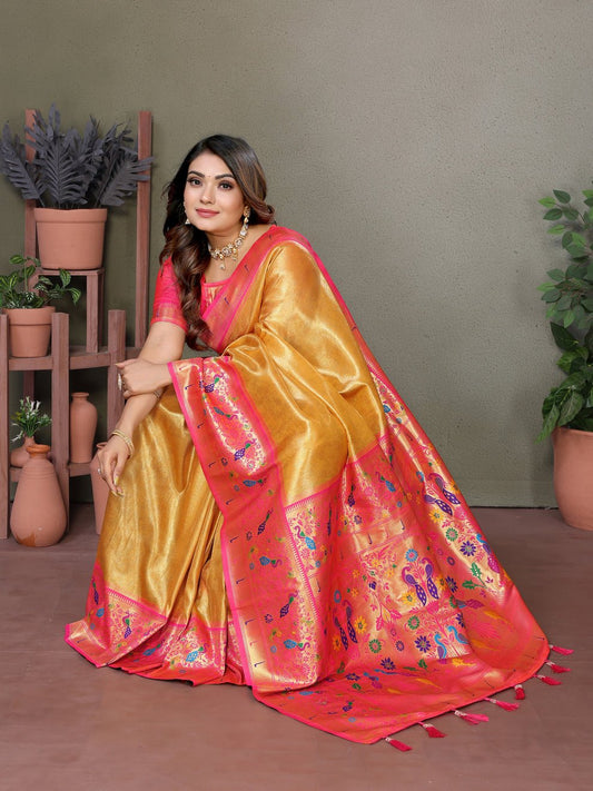 Yellow Banarasi Tissue Silk Saree With Weaving Butties.