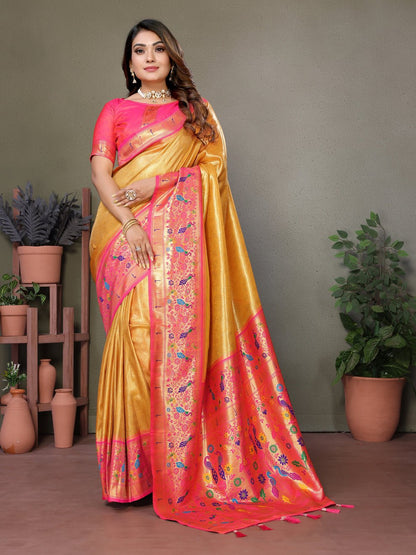 Yellow Banarasi Tissue Silk Saree With Weaving Butties.