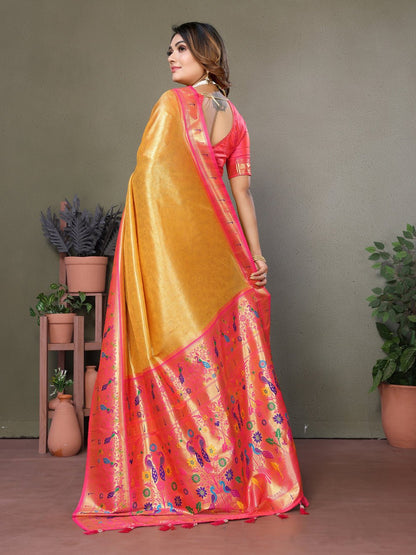 Yellow Banarasi Tissue Silk Saree With Weaving Butties.