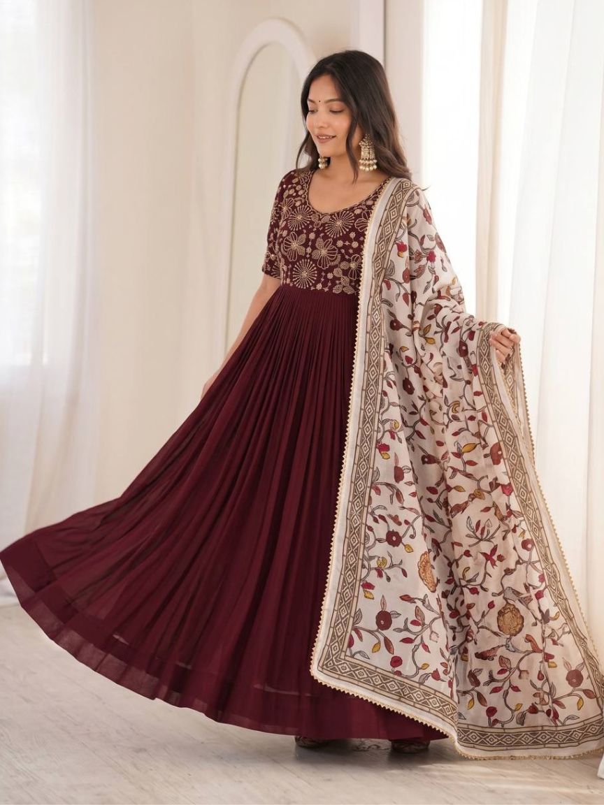 Soft Georgette Silk Embroidery Gown With Printed Lace Work On Dupatta