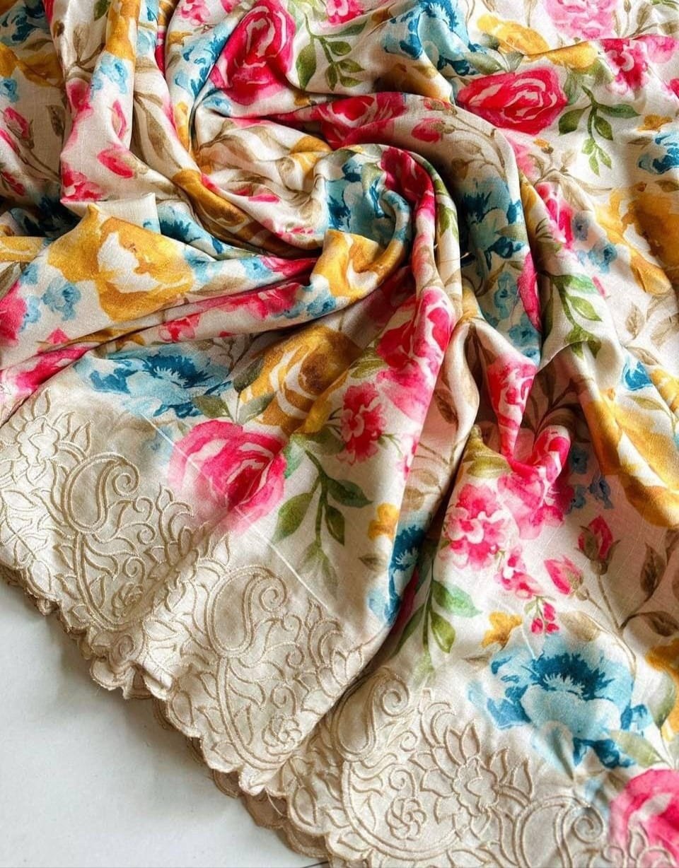 Trendy Pure Tussar Silk Saree With Cutwork Border and Floral Pattern