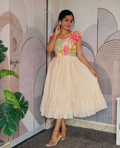 Beautiful Pure Mul Chanderi Frock with Handwork