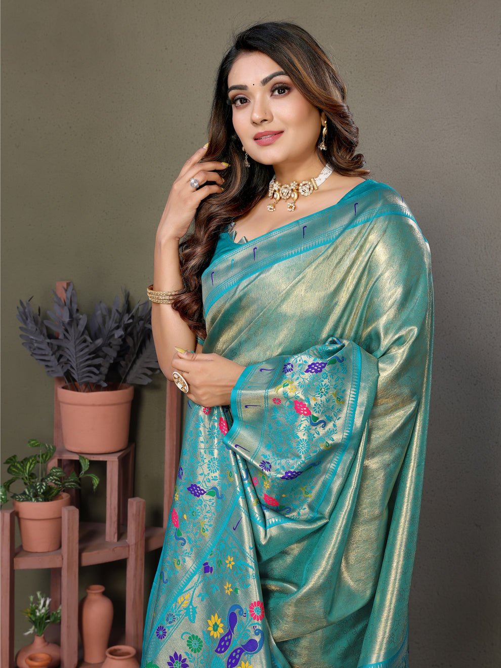 Rama Blue Pure Banarasi Tissue Silk Saree With Weaving Butties