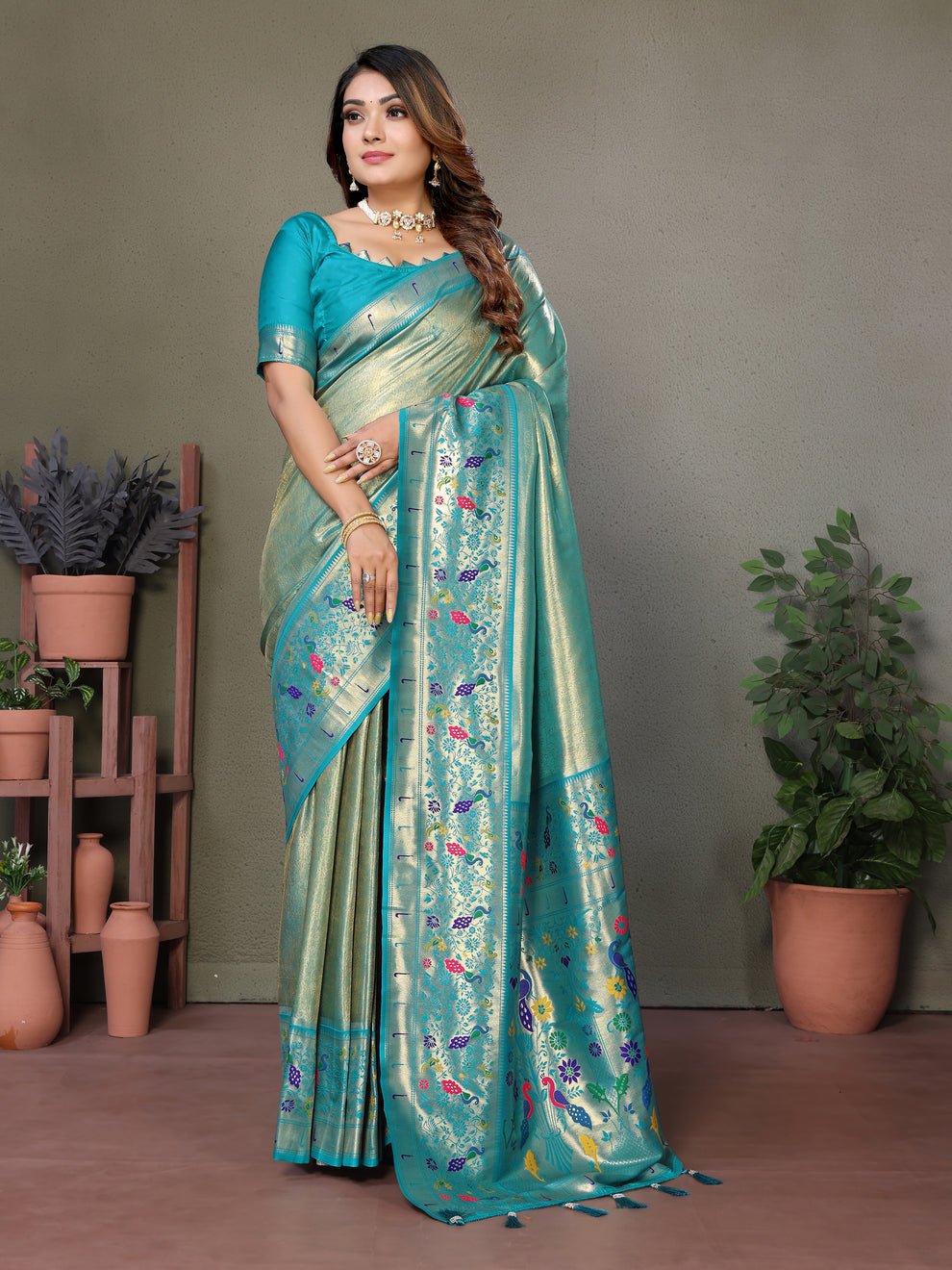 Rama Blue Pure Banarasi Tissue Silk Saree With Weaving Butties