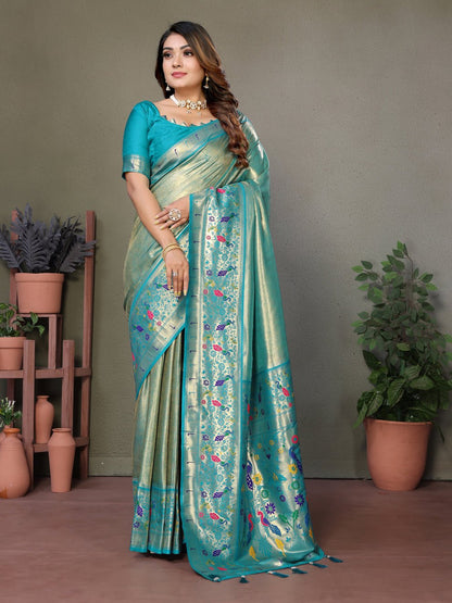Rama Blue Pure Banarasi Tissue Silk Saree With Weaving Butties