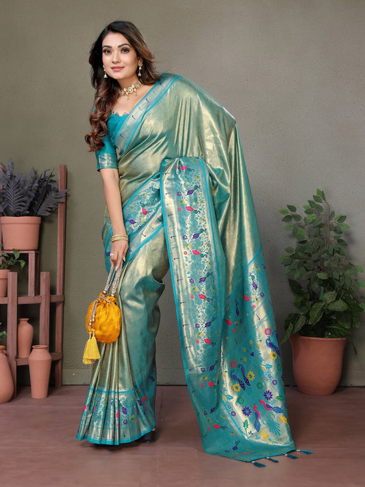 Rama Blue Pure Banarasi Tissue Silk Saree With Weaving Butties
