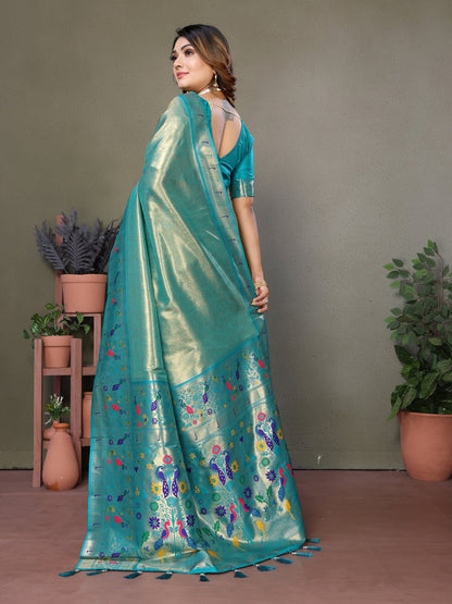Rama Blue Pure Banarasi Tissue Silk Saree With Weaving Butties