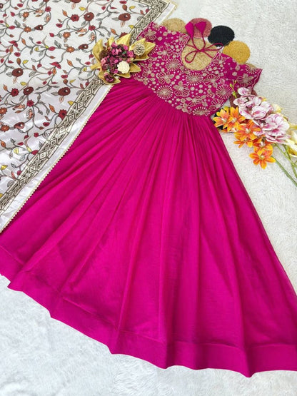 Soft Georgette Silk Embroidery Gown With Printed Lace Work On Dupatta