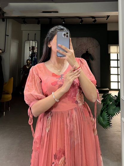 Classy Peach Colour Georgette Frock With Puff Sleeves