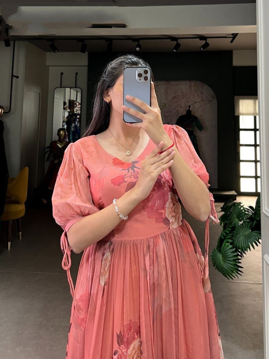 Classy Peach Colour Georgette Frock With Puff Sleeves