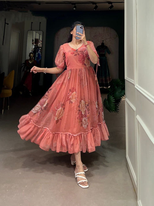 Classy Peach Colour Georgette Frock With Puff Sleeves