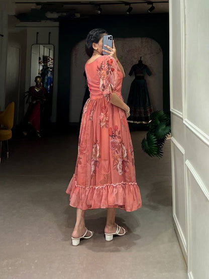 Classy Peach Colour Georgette Frock With Puff Sleeves