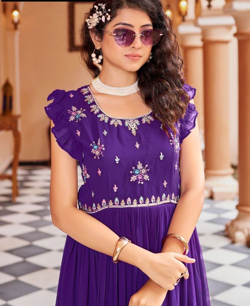 Georgette Embroidered Anarkali Gown With Ruffle Sleeves