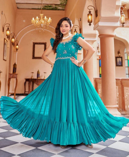 Georgette Embroidered Anarkali Gown With Ruffle Sleeves