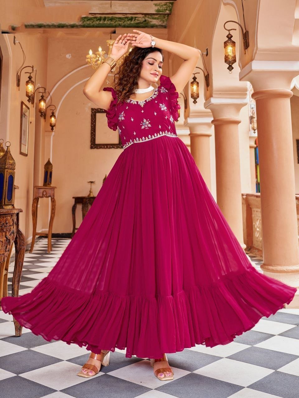 Georgette Embroidered Anarkali Gown With Ruffle Sleeves