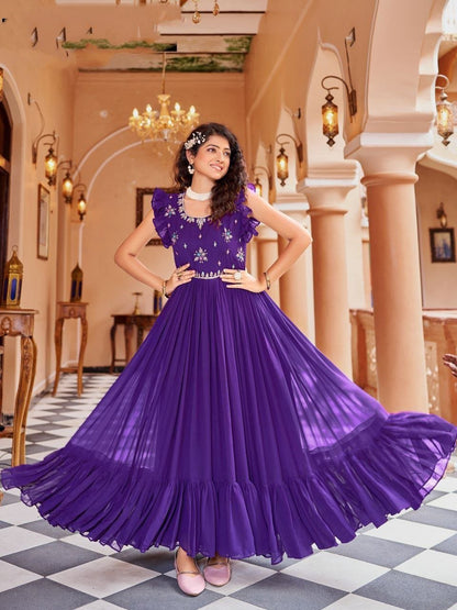 Georgette Embroidered Anarkali Gown With Ruffle Sleeves