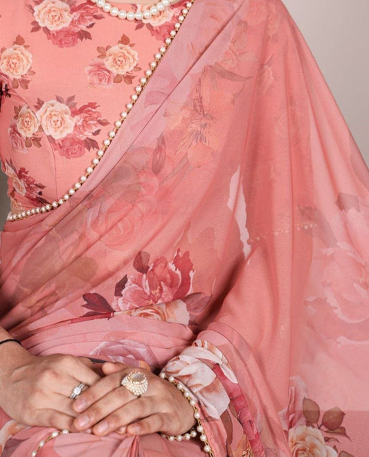 Classy Georgette Saree With Floral Print &amp; Pearl Lace Border