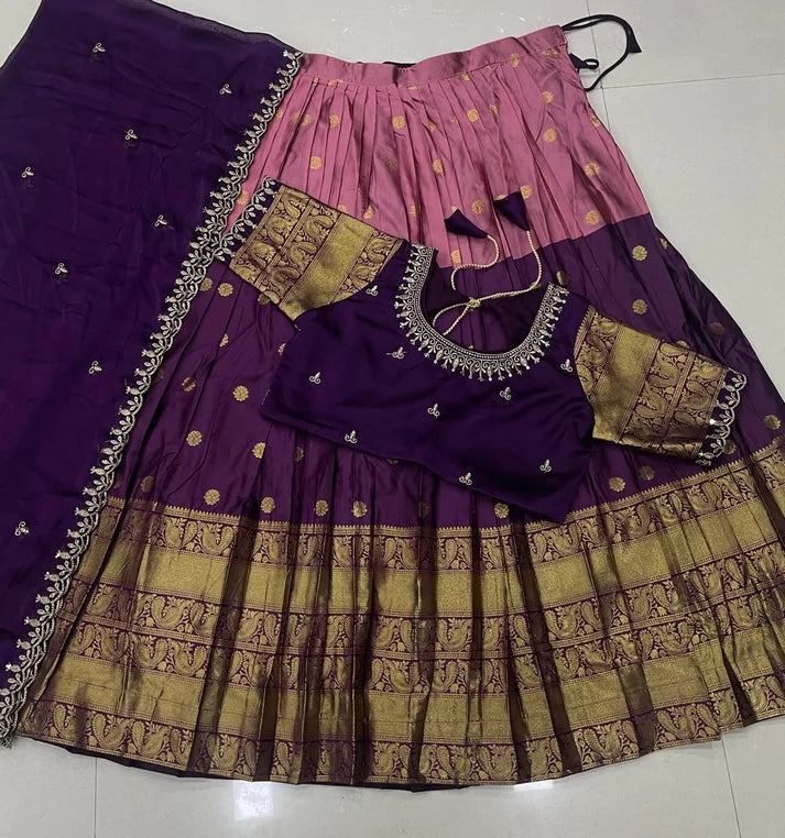 Dark Purple Kanjivaram Silk Lehenga With Maggam Work On Blouse & Dupatta