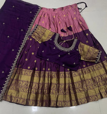 Dark Purple Kanjivaram Silk Lehenga With Maggam Work On Blouse & Dupatta