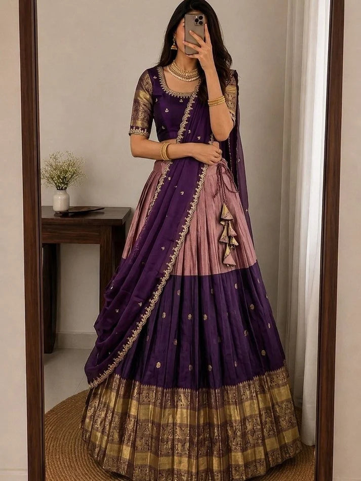 Dark Purple Kanjivaram Silk Lehenga With Maggam Work On Blouse & Dupatta