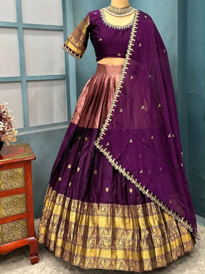 Dark Purple Kanjivaram Silk Lehenga With Maggam Work On Blouse & Dupatta