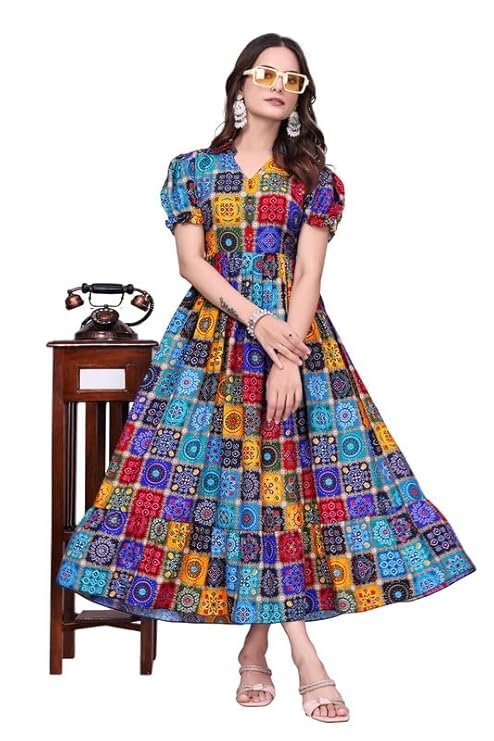 Fancy Rayon Long Gown With Puffy Sleeves &amp; Printed Work