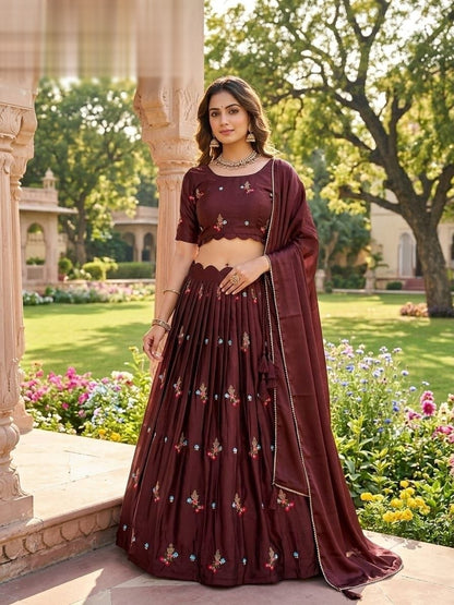 Chocolate Brown Rangoli Silk Embroidery Work Fully Stitched Lehenga Choli Set