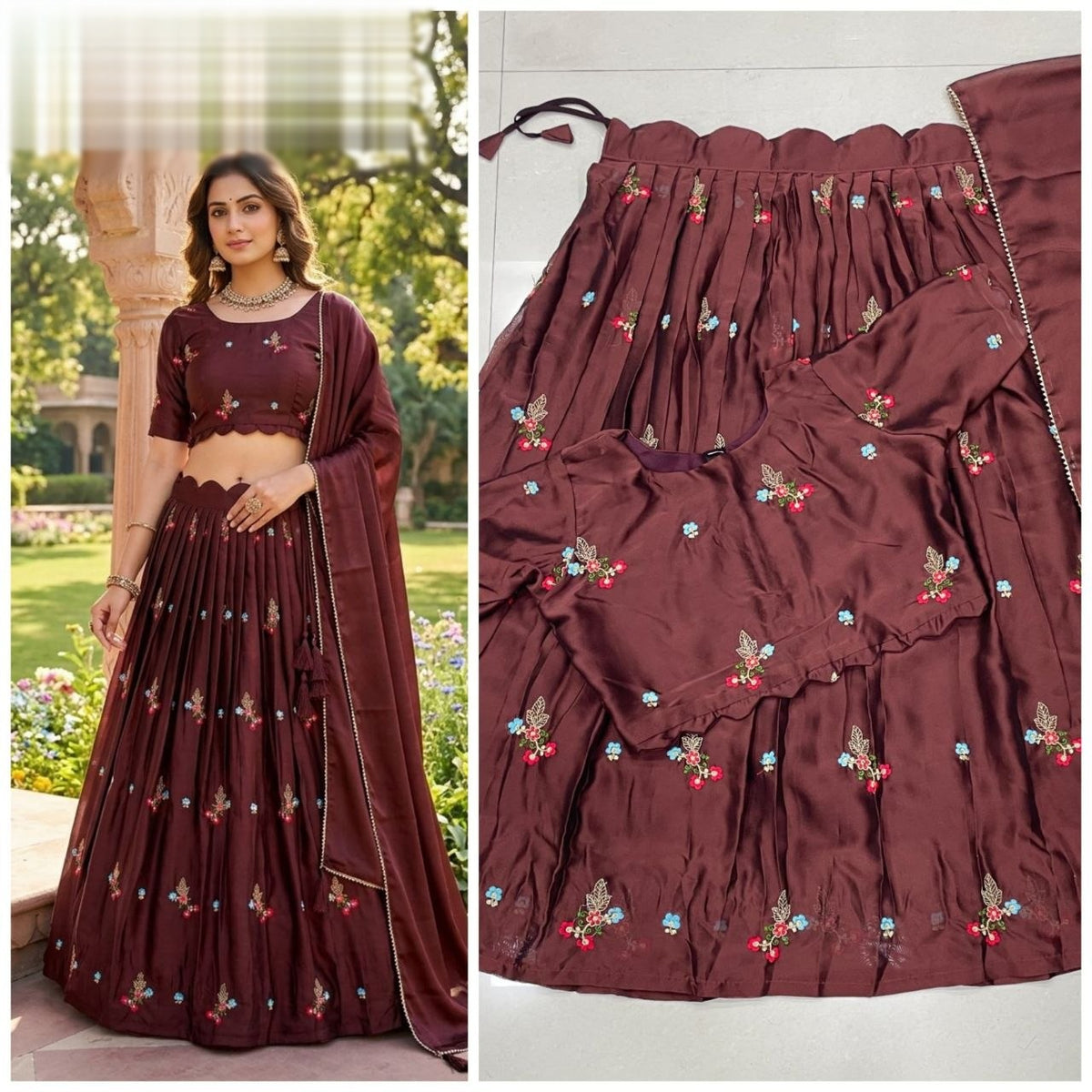Chocolate Brown Rangoli Silk Embroidery Work Fully Stitched Lehenga Choli Set