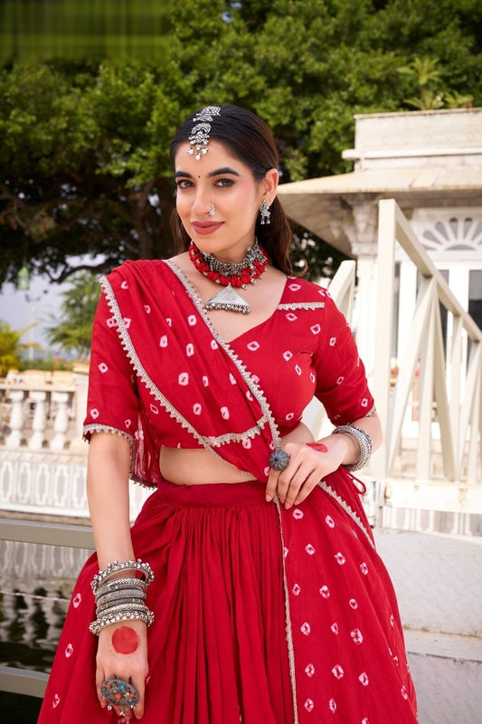 Women Bandhani Printed Ready to Wear Lehenga & Blouse With Dupatta