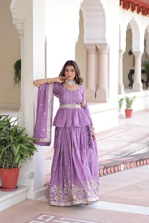 Lavender Gold Crush Lehenga With Multi Thread Embroidery