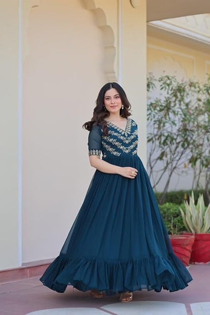 Teal Blue Faux Blooming Gown With Sequins Work