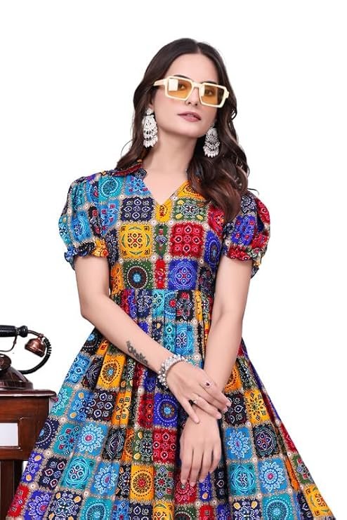Fancy Rayon Long Gown With Puffy Sleeves &amp; Printed Work