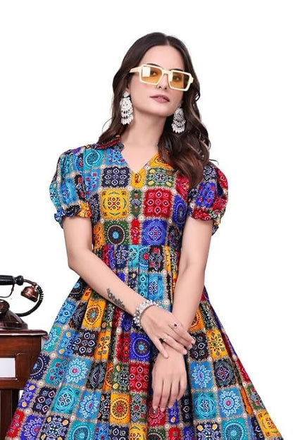 Fancy Rayon Long Gown With Puffy Sleeves &amp; Printed Work