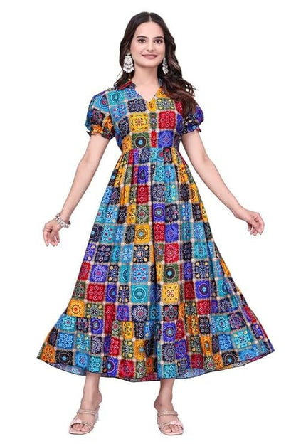 Fancy Rayon Long Gown With Puffy Sleeves &amp; Printed Work