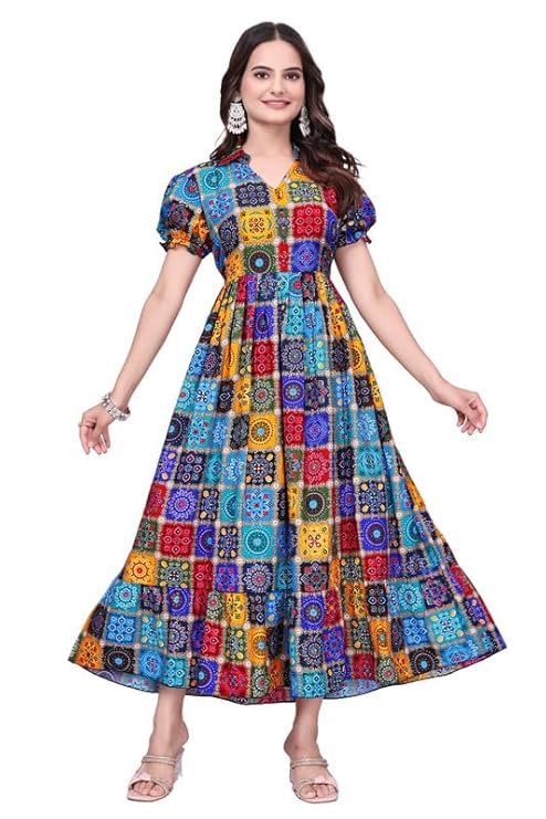 Fancy Rayon Long Gown With Puffy Sleeves &amp; Printed Work