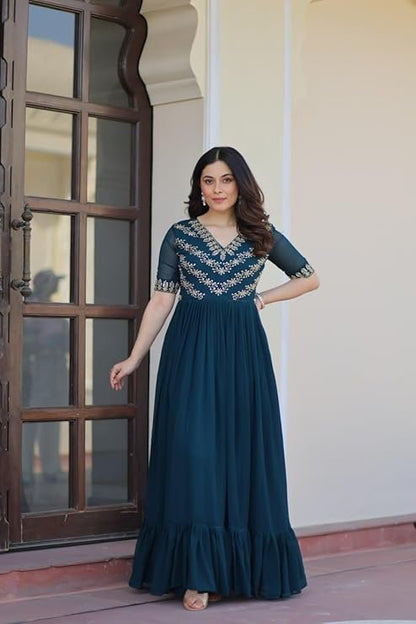Teal Blue Faux Blooming Gown With Sequins Work